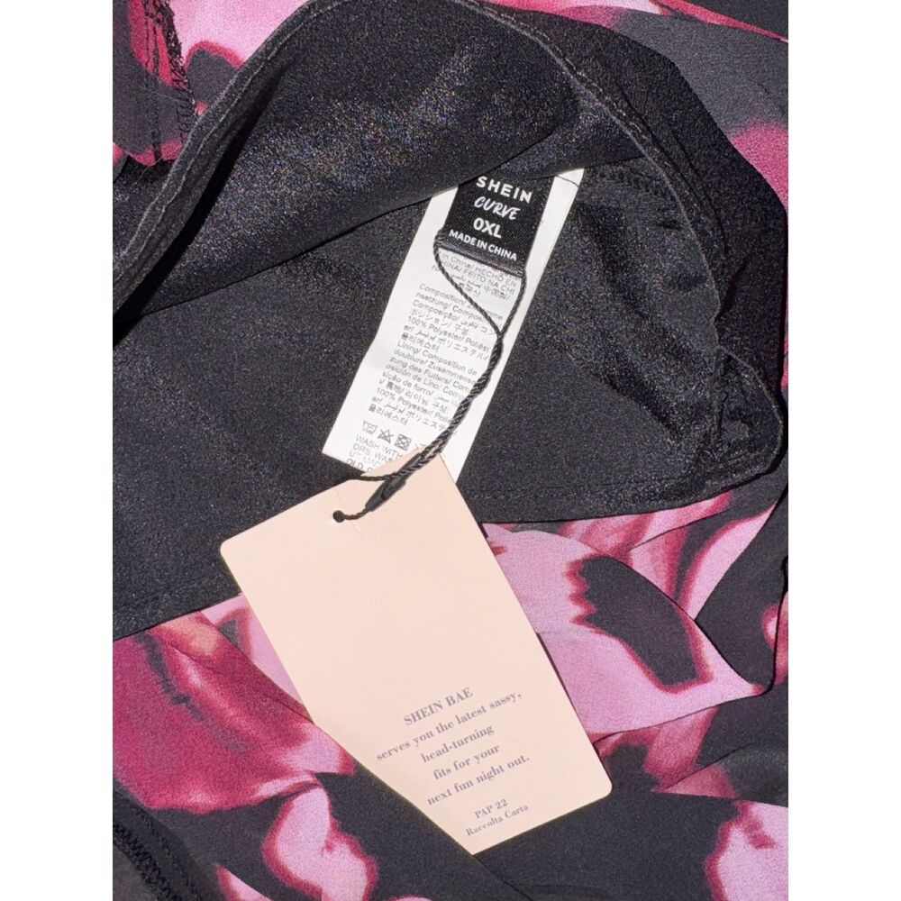 SHEIN BAE Curve NWT Black Pink Floral Ruched Midi Dress Cowl Neck Bodycon Party - Picture 8 of 11